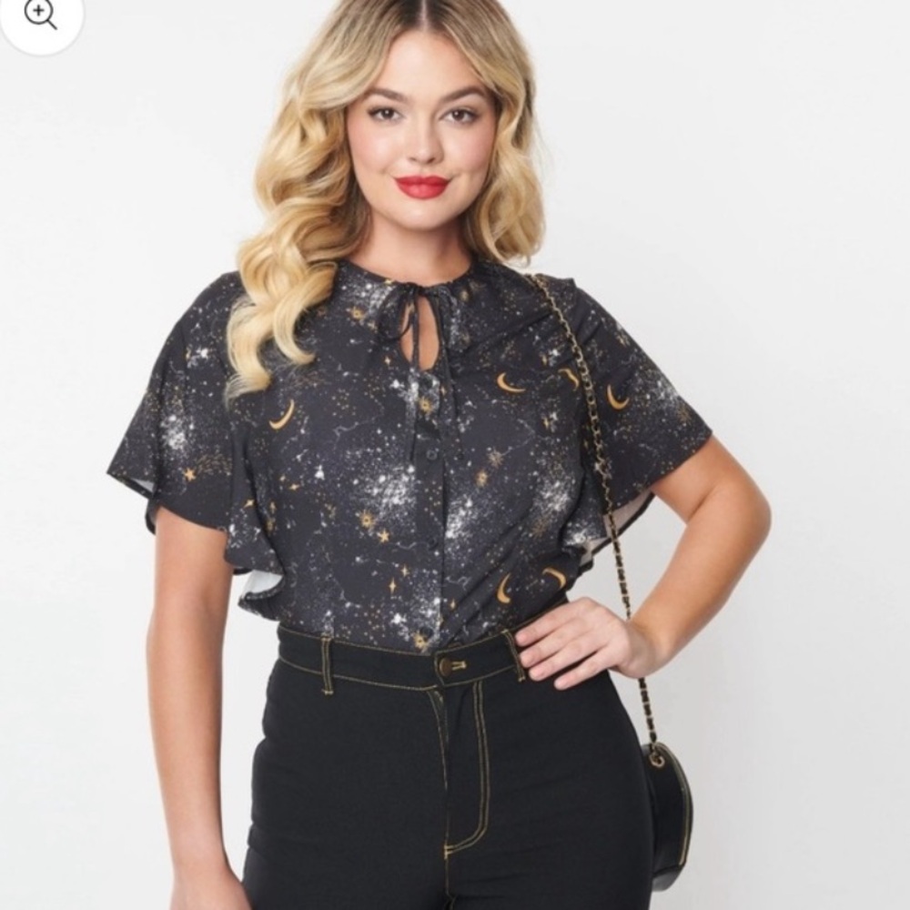 Unique Vintage 1940s Black Galaxy Print Cecilia Blouse XL 14 NWT